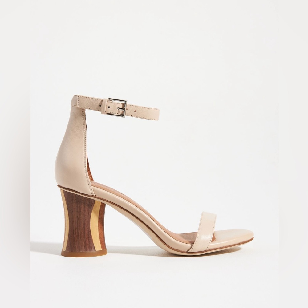 Anthropologie Nude Leather Ankle-Strap Heels with Wood-Accent Block Heel